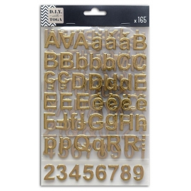 3 hojas pegatinas Alfabeto, Números y Símbolos chipboard Oro